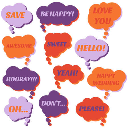 Set of speech bubbles on a white background with different inscriptions in the middle. Speech bubbles with short phrases. Vector illustration.のイラスト素材