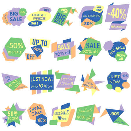 Set of Sale Discount Labels, Tags, Emblems. Web collection of stickers and badges for sale. Isolated vector illustration.のイラスト素材