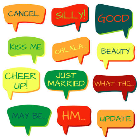Set of speech bubbles on a white background with different inscriptions in the middle. Speech bubbles with short phrases. Vector illustration.のイラスト素材