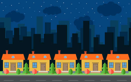 Vector night city with cartoon houses and buildings. City space with road on flat style background concept. Summer urban landscape. Street view with cityscape on a backgroundのイラスト素材