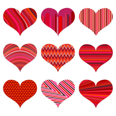 Set of different red hearts. Nine hearts isolated on a white background. Symbol of love. Elements...