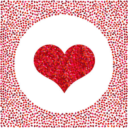 Red heart made of pixels and little hearts around. Valentines Day background with many hearts on a white background. Symbol of Love Element for wedding Template.のイラスト素材