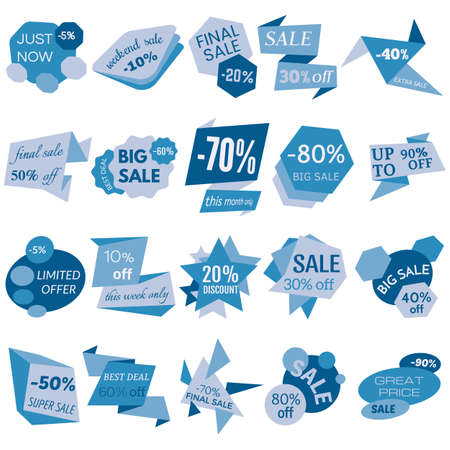 Set of Sale Discount Labels, Tags, Emblems. Web collection of stickers and badges for sale. Isolated vector illustration.のイラスト素材