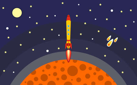 The rocket is removed from the planet. The rocket in space. Space travel. Vector illustration with flying rocket.のイラスト素材