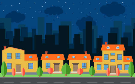 Vector night city with cartoon houses and buildings. City space with road on flat style background concept. Summer urban landscape. Street view with cityscape on a backgroundのイラスト素材