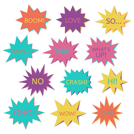 Set of speech bubbles on a white background with different inscriptions in the middle. Speech bubbles with short phrases. Vector illustration.のイラスト素材