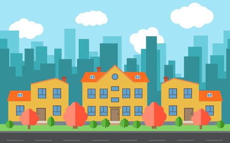 Vector city with cartoon houses and buildings. City space with road on flat style background concept. Summer urban landscape. Street view with cityscape on a backgroundのイラスト素材
