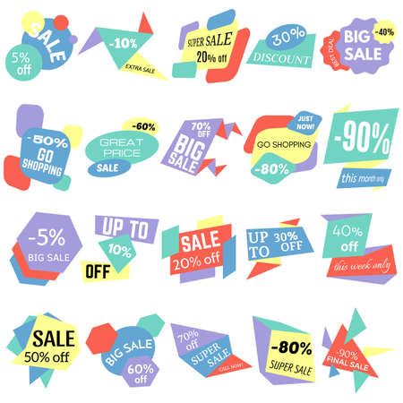 Set of Sale Discount Labels, Tags, Emblems. Web collection of stickers and badges for sale. Isolated vector illustration.のイラスト素材