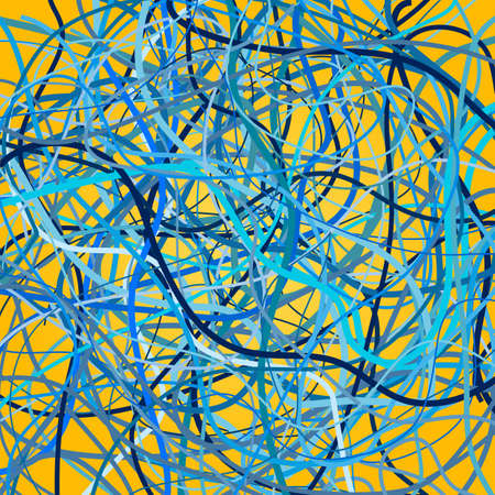 Vector background with moving blue lines. Bright blue curves lines on yellow background.のイラスト素材