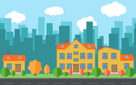 Vector city with cartoon houses with trees and shrubs. City space with road on flat style background concept. Summer urban landscape. Street view with cityscape on a backgroundのイラスト素材