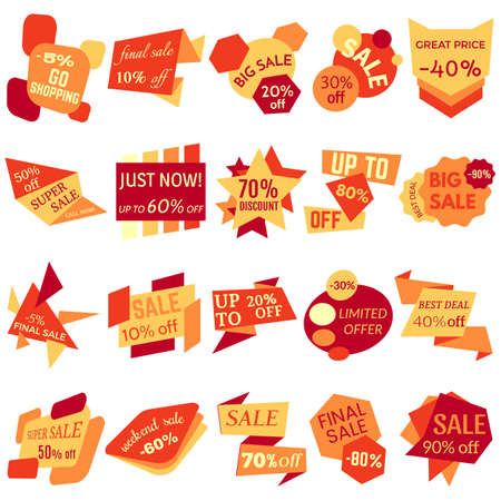 Set of Sale Discount Labels, Tags, Emblems. Web collection of stickers and badges for sale. Isolated vector illustration.のイラスト素材