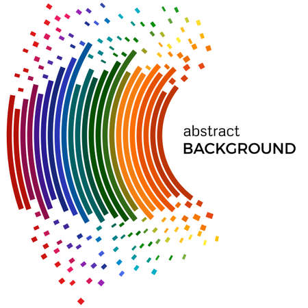 Abstract background with colorful rainbow lines and flying pieces. Colored circles with place for your text on a white background.のイラスト素材