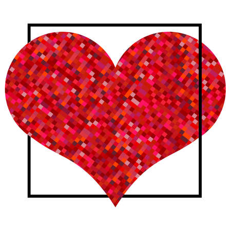 Red heart made of pixels in black square. Valentines Day background on a white background. Symbol of Love Element for wedding Template.のイラスト素材