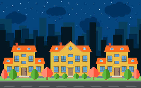 Vector night city with cartoon houses and buildings. City space with road on flat style background concept. Summer urban landscape. Street view with cityscape on a backgroundのイラスト素材