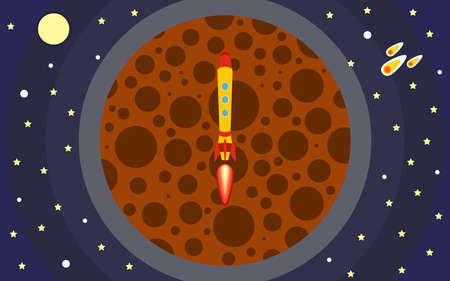 The rocket flies against the backdrop of the planet. The rocket in space. Space travel. Vector illustration with flying rocket.のイラスト素材