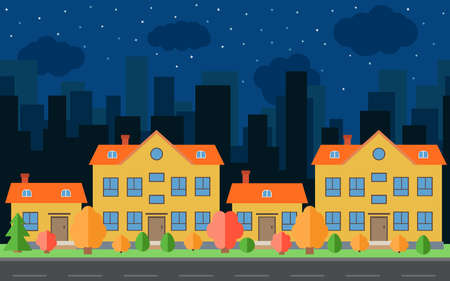 Vector night city with four cartoon houses and buildings. City space with road on flat style background concept. Summer urban landscape. Street view with cityscape on a backgroundのイラスト素材