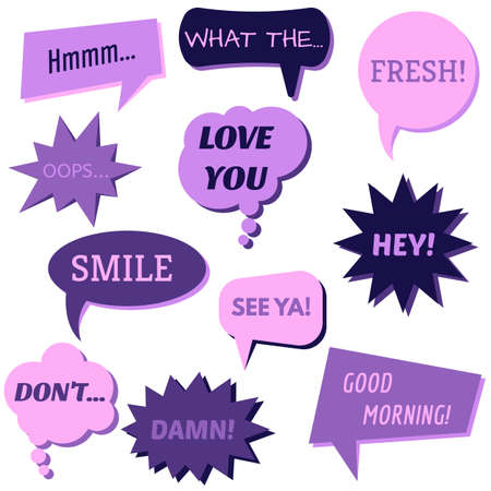 Set of speech bubbles on a white background with different inscriptions in the middle. Speech bubbles with short phrases. Vector illustration.のイラスト素材