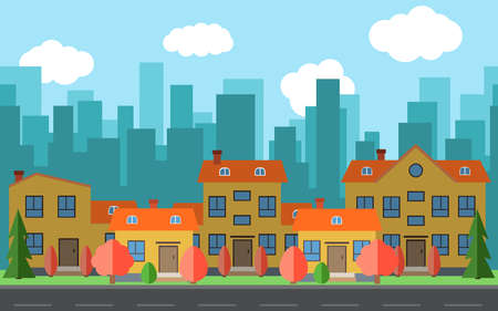 Vector city with cartoon houses and buildings. City space with road on flat style background concept. Summer urban landscape. Street view with cityscape on a backgroundのイラスト素材