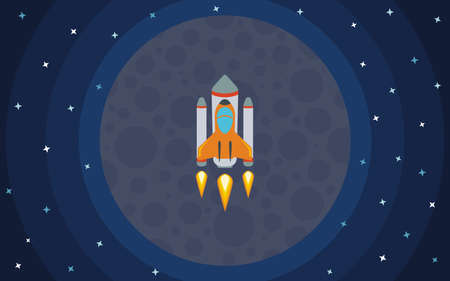 The rocket flies against the backdrop of the planet. The rocket in space. Space travel. Vector illustration with flying rocket.のイラスト素材