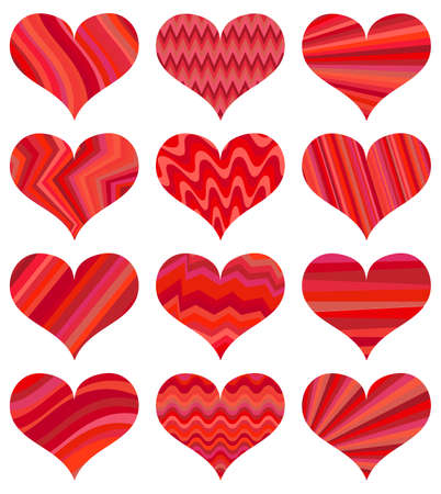 Set of different red hearts. Twelve hearts isolated on white background. Symbol of love. Elements for wedding template.のイラスト素材