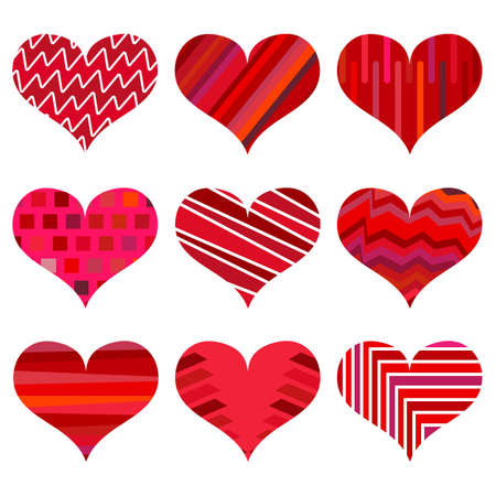 Set of different red hearts. Nine hearts isolated on a white background. Symbol of love. Elements for wedding template.のイラスト素材