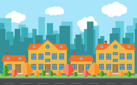 Vector city with four cartoon houses and buildings. City space with road on flat style background concept. Summer urban landscape. Street view with cityscape on a backgroundのイラスト素材