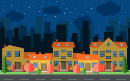 Vector night city with cartoon houses and buildings. City space with road on flat style background concept. Summer urban landscape. Street view with cityscape on a background