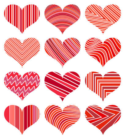 Set of different red hearts. Twelve hearts isolated on white background. Symbol of love. Elements for wedding template.のイラスト素材