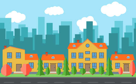 Vector city with cartoon houses and buildings with red and green trees and shrubs. City space with road on flat style background concept. Summer urban landscape. Street view with cityscape on a backgroundのイラスト素材