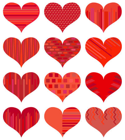 Set of different red hearts. Twelve hearts isolated. Symbol of love. Elements for wedding template.のイラスト素材