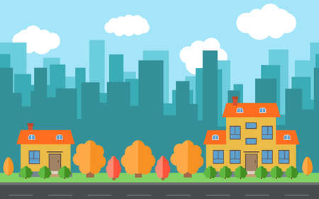 Vector city with two cartoon houses and buildings. City space with road on flat style  concept. Summer urban landscape. Street view with cityscapeのイラスト素材