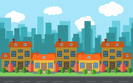 Vector city with five cartoon houses and buildings. City space with road on flat style background concept. Summer urban landscape. Street view with cityscape on a backgroundのイラスト素材