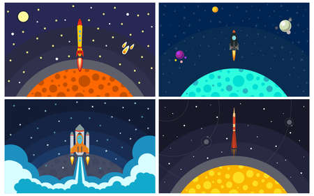 Set of four vector illustration with flying rocket. Space travel.のイラスト素材