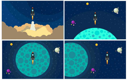 Set of four vector illustration with flying rocket. Space travel.のイラスト素材