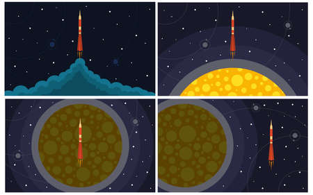 Set of four vector illustration with flying rocket. Space travel.のイラスト素材
