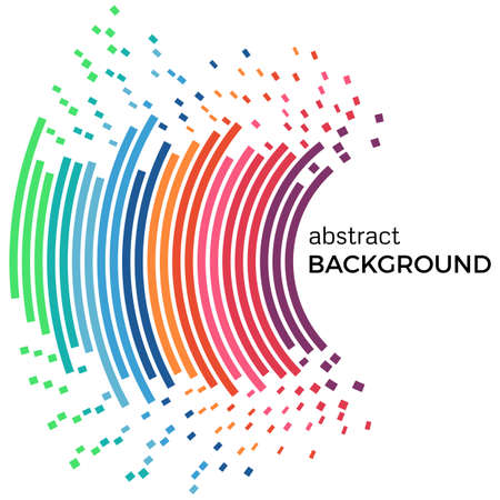 Abstract background with colorful rainbow lines and flying pieces. Colored circles with place for your text on a white background.のイラスト素材