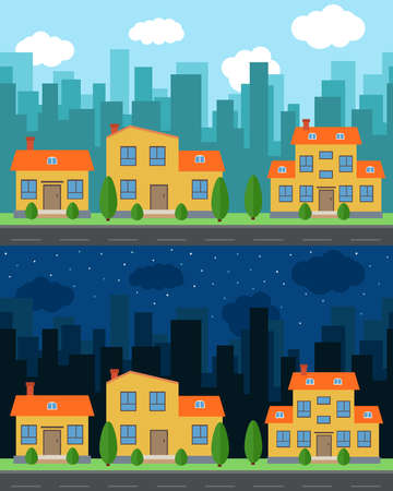 Vector city with cartoon houses and buildings in the day and night. City space with road on flat style background concept.のイラスト素材