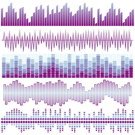Vector set of purple sound waves. Audio equalizer. Sound & audio waves isolated on white background.のイラスト素材