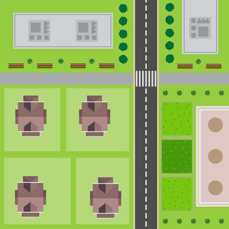 Plan Of City. Top view of the city with the road, high-rise buildings, trees, shrubs and private...