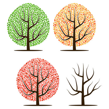 Four trees with green, red, yellow leaves and without leaves. Vector illustration isolated on a white backgroundのイラスト素材