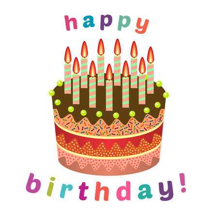 Sweet birthday cake with eleven burning candles. Colorful holiday dessert. Vector celebration background.のイラスト素材