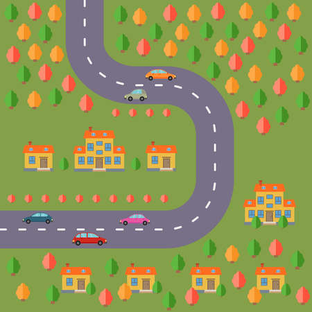 Plan of village. Landscape with the road, forest, cars and houses. Vector illustrationのイラスト素材