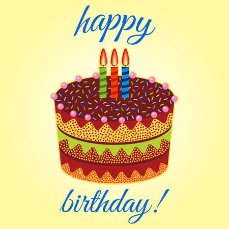 Sweet birthday cake with three burning candles. Colorful holiday dessert. Vector celebration background.のイラスト素材