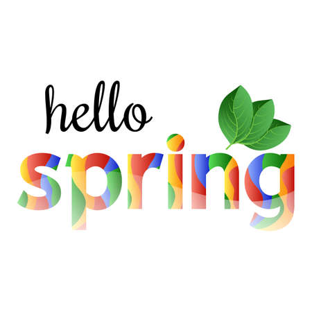 Ð¡olorful phrase Hello Spring with green leaves. Vector illustration.のイラスト素材