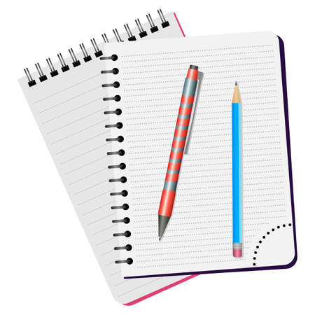 Two notebooks, red pen and blue pencil on a white backgroundのイラスト素材