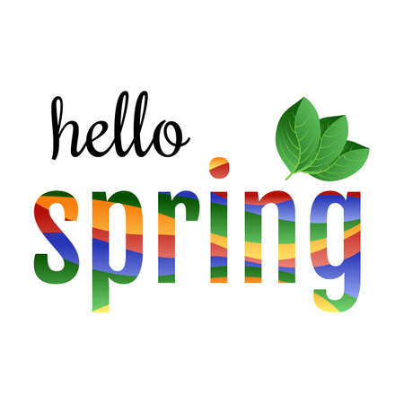 ?olorful phrase Hello Spring with green leaves. Vector illustration.のイラスト素材