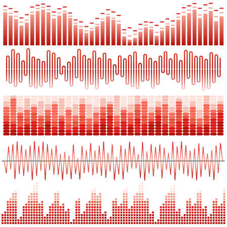 Vector set of red sound waves. Audio equalizer. Sound & audio waves isolated on white background.のイラスト素材