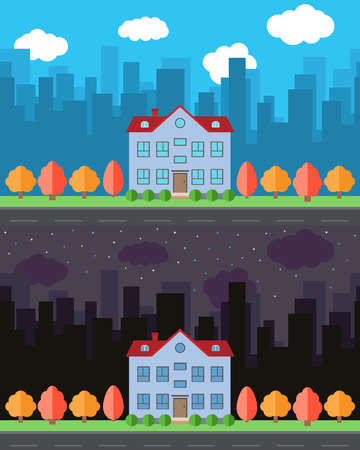 Vector city with cartoon house in the day and night.Summer urban landscape. Street view with cityscape on a patternのイラスト素材