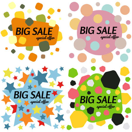 Set of big sale special offer square banners on white background.  Vector background with colorful design elements. Vector illustration.のイラスト素材