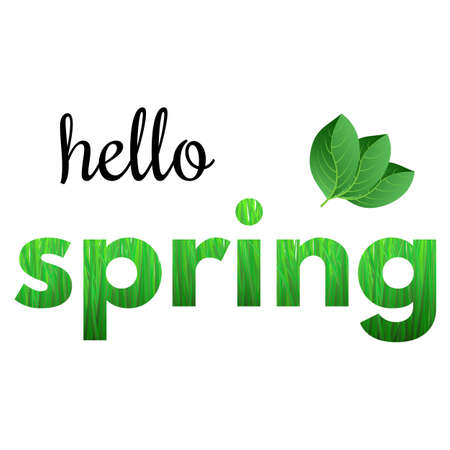 Colorful phrase Hello Spring from grass and with green leaves.のイラスト素材